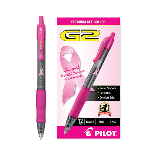 Image of Pilot® 31332 G2 Premium Breast Cancer Awareness Gel Pen, Retractable, Fine 0.7 mm, Black Ink, Smoke/Pink Barrel, Dozen