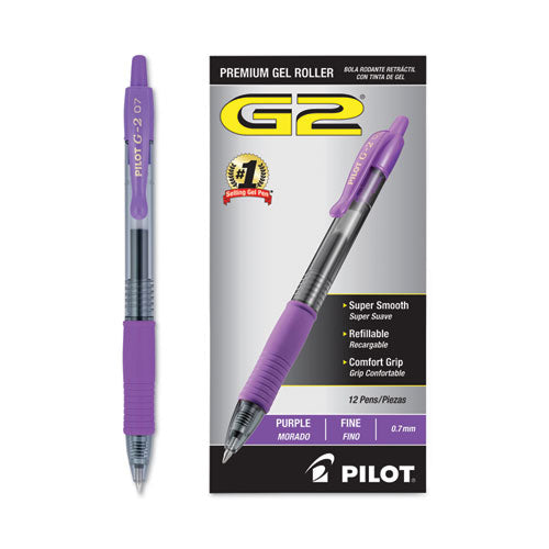 Image of Pilot® 31029 G2 Premium Gel Pen, Retractable, Fine 0.7 mm, Purple Ink, Smoke/Purple Barrel, Dozen