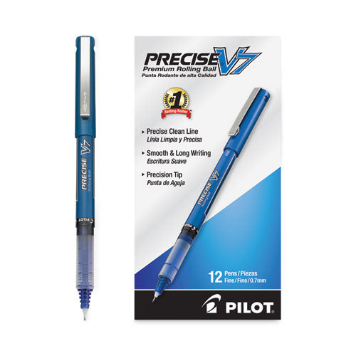 Image of Pilot® 35349 Precise V7 Rollerball Pen, Stick, Fine 0.7 mm, Blue Ink, Blue/Clear Barrel, Dozen