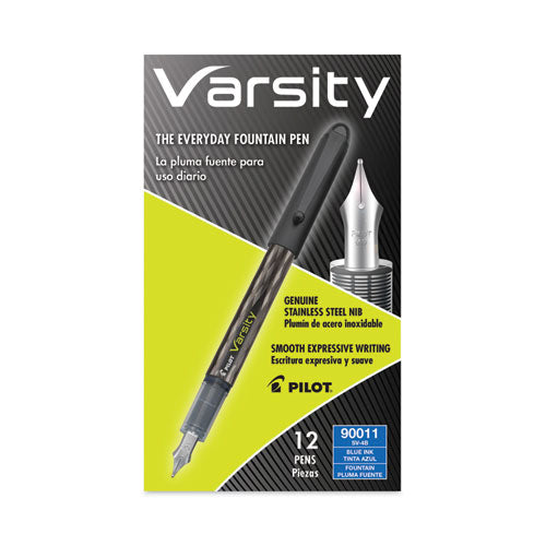 Image of Pilot® 90011 Varsity Fountain Pen, Medium 1 mm, Blue Ink, Clear/Black/Blue Barrel