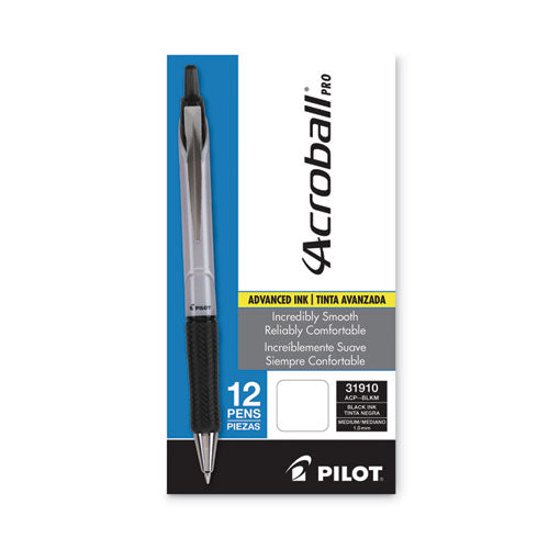 Image of Pilot® 31910 Acroball Pro Advanced Ink Hybrid Gel Pen, Retractable, Medium 1 mm, Black Ink, Silver/Black Barrel, Dozen