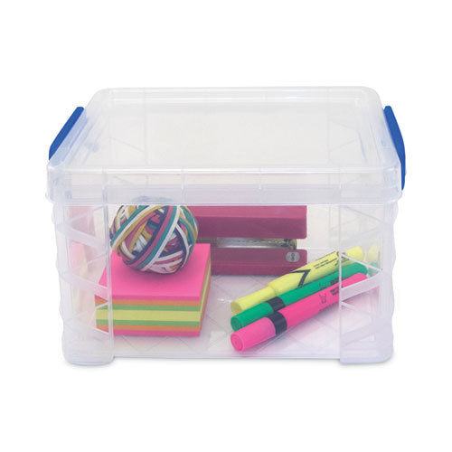 Image of Advantus 39230 Super Stacker Lift-Off Lid Storage Tote, 7.25" x 10.88" x 6.38", Transparent/Blue