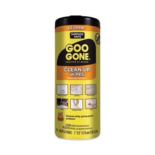 Image of Goo Gone® Clean Up Wipes, 1-Ply, 8 x 7, Citrus Scent, White, 24/Canister, 4 Canisters/Carton
