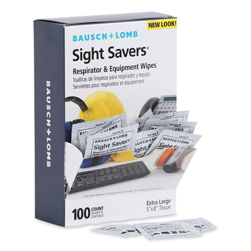 Image of Bausch & Lomb 8595 Sight Savers Respirator and Equipment Wipes, Cloth, 5 x 8, Unscented, White, 100/Box