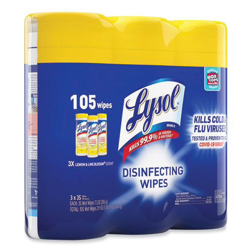 Image of LYSOL® Brand 19200-82159 Disinfecting Wipes, 1-Ply, 7 x 7.25, Lemon and Lime Blossom, White, 35 Wipes/Canister, 3 Canisters/Pack