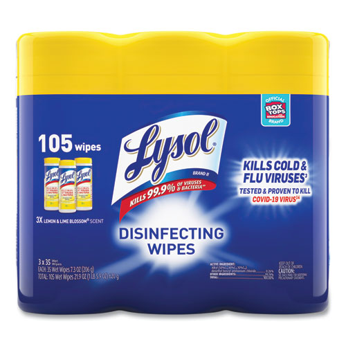 Image of LYSOL® Brand 19200-82159 Disinfecting Wipes, 1-Ply, 7 x 7.25, Lemon and Lime Blossom, White, 35 Wipes/Canister, 3 Canisters/Pack
