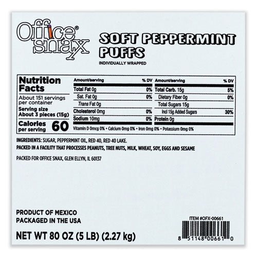 Image of Office Snax® 00661 Candy Assortments, Peppermint Puffs Candy, 5 lb Carton