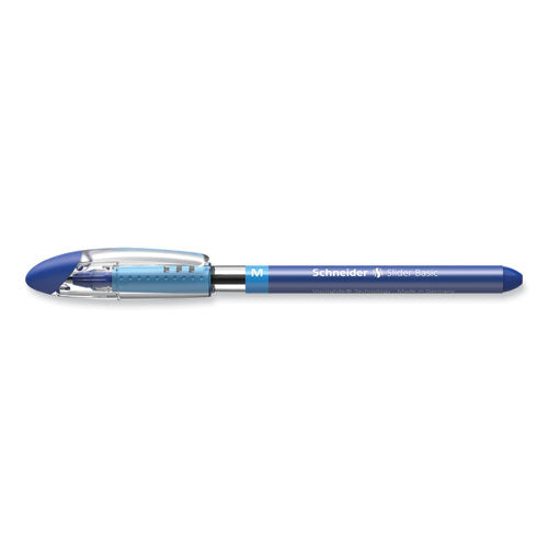 Image of Schneider® 151103 Slider Basic Ballpoint Pen, Stick, Medium 0.8 mm, Blue Ink, Blue Barrel, 10/Box