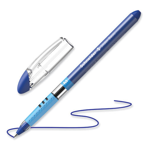 Image of Schneider® 151103 Slider Basic Ballpoint Pen, Stick, Medium 0.8 mm, Blue Ink, Blue Barrel, 10/Box