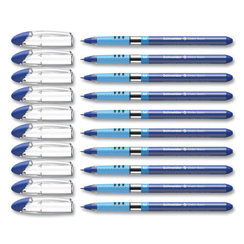 Image of Schneider® 151103 Slider Basic Ballpoint Pen, Stick, Medium 0.8 mm, Blue Ink, Blue Barrel, 10/Box