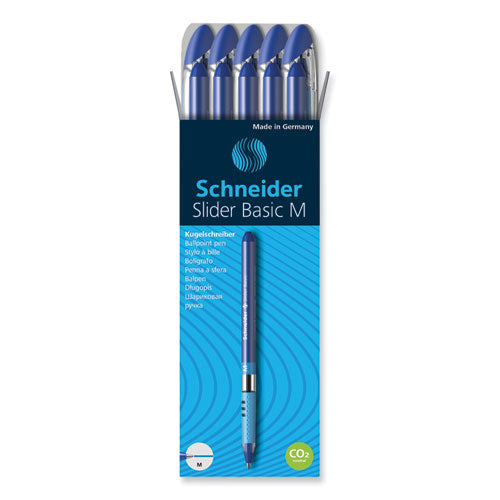 Image of Schneider® 151103 Slider Basic Ballpoint Pen, Stick, Medium 0.8 mm, Blue Ink, Blue Barrel, 10/Box