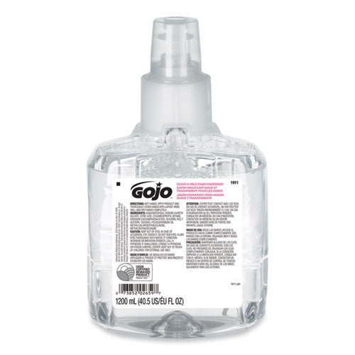 Image of GOJO® 1911-02 Clear and Mild Foam Handwash Refill, For LTX-12 Dispenser, Fragrance-Free, 1,200 mL