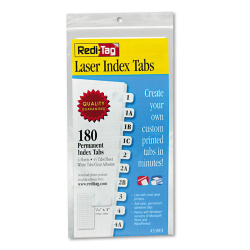 Image of Redi-Tag® B33001 Laser Printable Index Tabs, 1/12-Cut, White, 0.44" Wide, 180/Pack