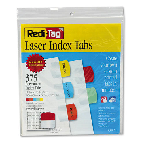 Image of Redi-Tag® B39020 Inkjet Printable Index Tabs, 1/5-Cut, Assorted Colors, 1.13" Wide, 375/Pack