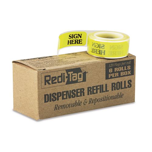 Image of Redi-Tag® B91001 Arrow Message Page Flag Refills, "Sign Here", Yellow, 120 Flags/Roll, 6 Rolls/Box
