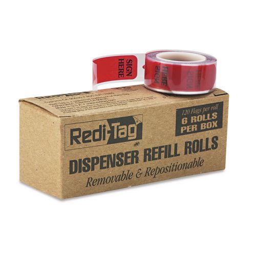 Image of Redi-Tag® B91012 Arrow Message Page Flag Refills, "Sign Here", 120 Flags/Roll, 6 Rolls/Box