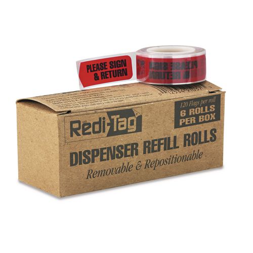 Image of Redi-Tag® B91037 Arrow Message Page Flag Refills, "Please Sign and Return", Red, 120 Flags/Roll, 6 Rolls/Box