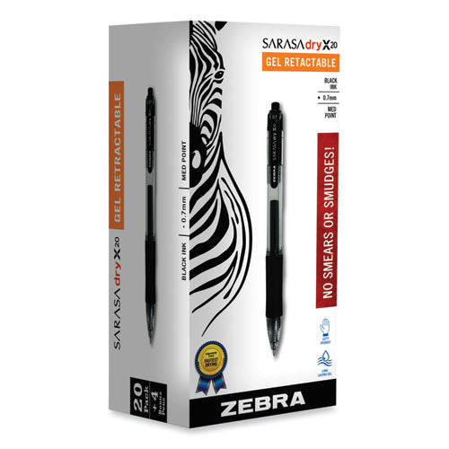 Image of Zebra® 14680 Sarasa Dry Gel X20 Gel Pen Value Pack, Retractable, Medium 0.7 mm, Black Ink, Clear/Black Barrel, 24/Box