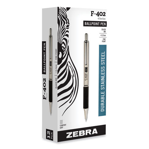 Image of Zebra® 29210 F-402 Ballpoint Pen, Retractable, Fine 0.7 Mm, Black Ink, Stainless Steel/black Barrel