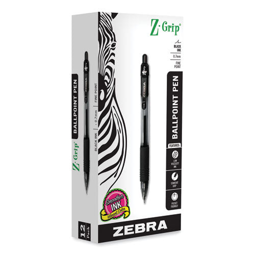 Image of Zebra® 23910 Z-Grip Ballpoint Pen, Retractable, Medium 0.7 mm, Black Ink, Clear/Black Barrel, 12/Pack