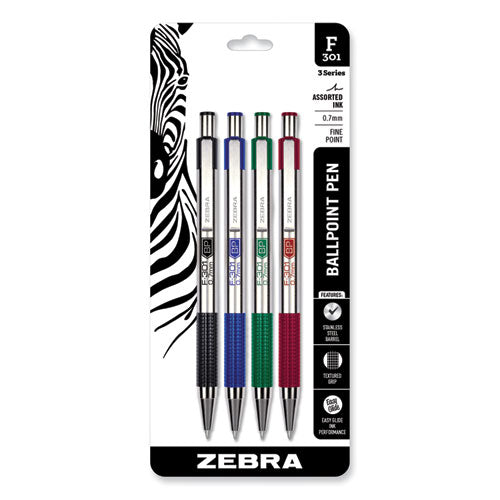 Image of Zebra® 27174 F-301 Ballpoint Pen, Retractable, Fine 0.7 Mm, Assorted Ink And Barrel Colors, 4/pack