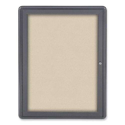 Image of Ghent OVG1-F90 Ovation 1 Door Enclosed Fabric Bulletin Board, 24.13" x 33.75", Beige Surface, Powder-Coated Gray Aluminum Frame