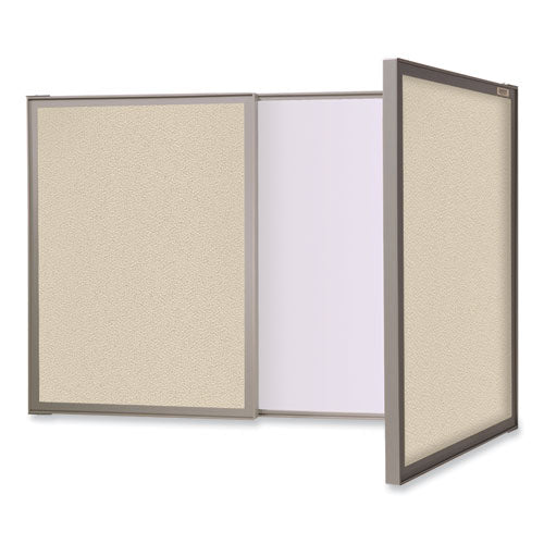 Image of Ghent 41300 VisuALL PC Whiteboard Cabinet with Fabric Bulletin Board Exterior Doors, 36" x 24", Beige/White Surface, Satin Aluminum Frame
