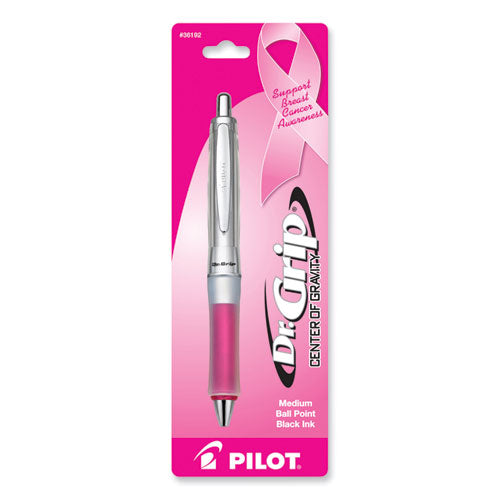 Image of Pilot® 36192 Dr. Grip Center of Gravity Breast Cancer Awareness Ballpoint Pen, Retractable, Medium 1 mm, Black Ink, Silver/Pink Barrel