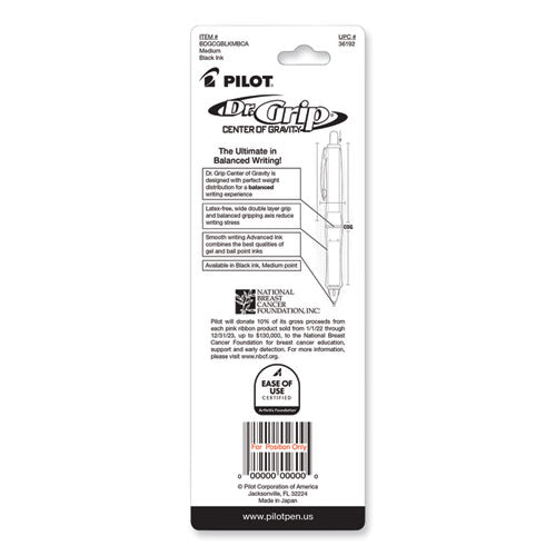 Image of Pilot® 36192 Dr. Grip Center of Gravity Breast Cancer Awareness Ballpoint Pen, Retractable, Medium 1 mm, Black Ink, Silver/Pink Barrel