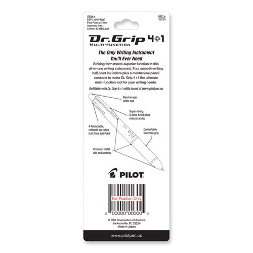 Image of Pilot® 36220 Dr. Grip 4 + 1 Multi-Color Ballpoint Pen/Pencil, Retractable, 0.7mm Pen/0.5mm Pencil, Black/Blue/Green/Red Ink, Black Barrel