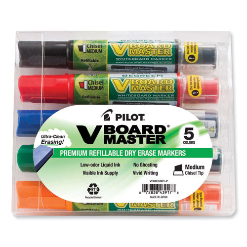 Image of Pilot® 43917 BeGreen V Board Master Dry Erase Marker, Medium Chisel Tip, Assorted Colors, 5/Pack
