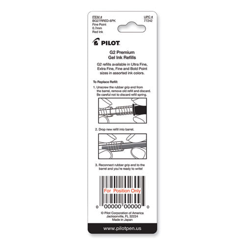 Image of Pilot® 77242 Refill For Pilot B2p, Dr Grip, G2, G6, Mr Metropolitan, Precise Begreen And Q7 Gel Pens, Fine Tip, Red Ink, 2/pack