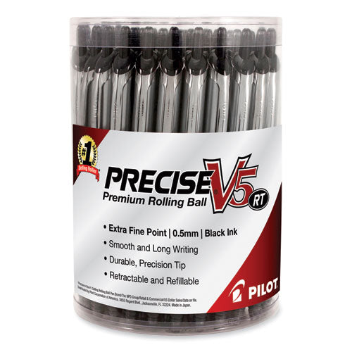 Image of Pilot® 84067 Precise V5RT Rollerball Pen, Retractable, Extra-Fine 0.5 mm, Black Ink, Black Barrel, 30/Pack