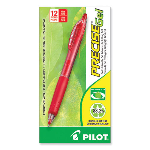 Image of PilotÂ® Precise Gel BeGreen Gel Pen, Retractable, Fine 0.7 mm, Red Ink, Translucent Red Barrel, Dozen
