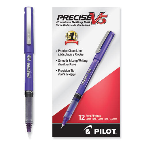 Image of Pilot® 25106 Precise V5 Rollerball Pen, Stick, Extra-Fine 0.5 mm, Purple Ink, Purple/Clear Barrel, Dozen