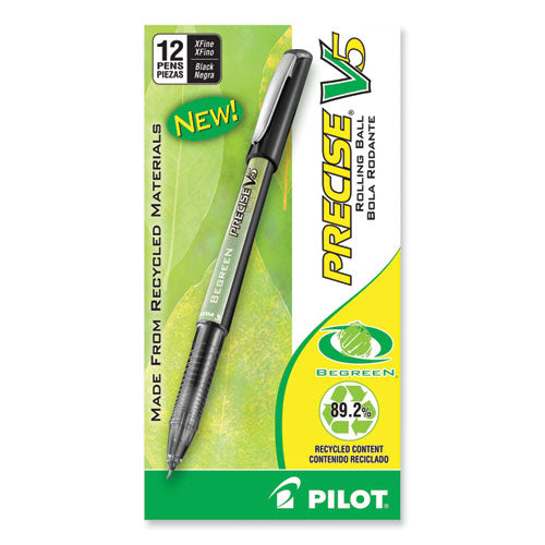Image of Pilot® 26300 Precise V5 BeGreen Rollerball Pen, Stick, Extra-Fine 0.5 mm, Black Ink, Black Barrel, Dozen