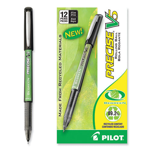 Image of Pilot® 26300 Precise V5 BeGreen Rollerball Pen, Stick, Extra-Fine 0.5 mm, Black Ink, Black Barrel, Dozen