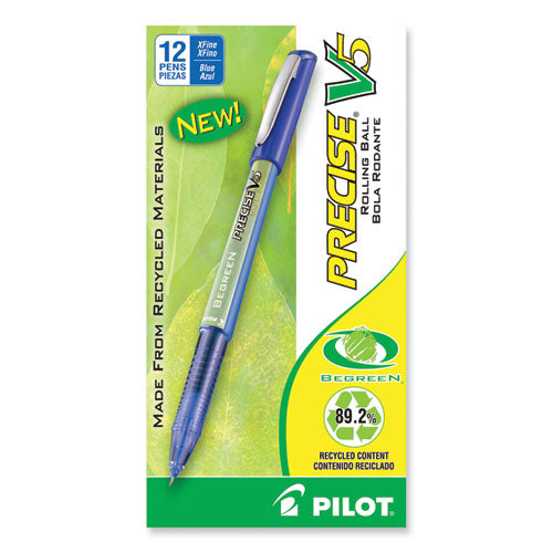 Image of Pilot® 26301 Precise V5 BeGreen Rollerball Pen, Stick, Extra-Fine 0.5 mm, Blue Ink, Blue Barrel, Dozen