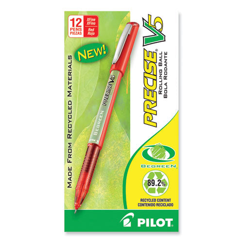 Image of Pilot® 26302 Precise V5 BeGreen Rollerball Pen, Stick, Extra-Fine 0.5 mm, Red Ink, Red Barrel, Dozen