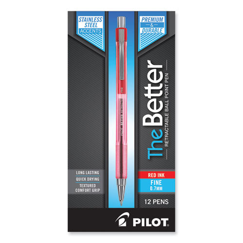 Image of Pilot® 30002 Better Ballpoint Pen, Retractable, Fine 0.7 Mm, Red Ink, Translucent Red Barrel, Dozen