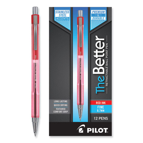 Image of Pilot® 30002 Better Ballpoint Pen, Retractable, Fine 0.7 Mm, Red Ink, Translucent Red Barrel, Dozen