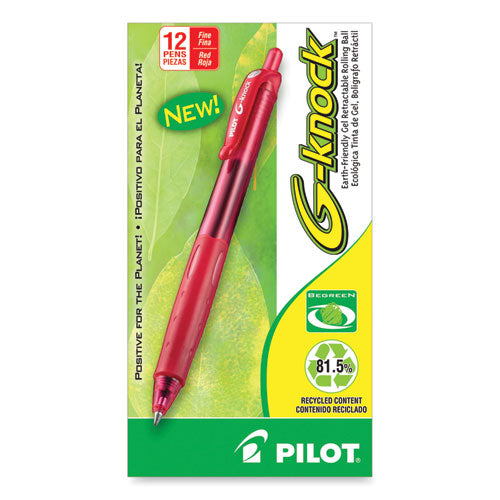 Image of Pilot® 31508 G-Knock BeGreen Gel Pen, Retractable, Fine 0.7 mm, Red Ink, Translucent Red/Red Barrel, Dozen