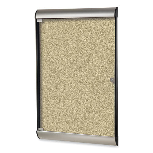 Image of Ghent SILH20410 Silhouette 1 Door Enclosed Vinyl Bulletin Board, 27.75" x 42.13", Caramel Surface, Black/Satin Aluminum Frame