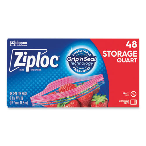 Image of Ziploc® 351317BX Double Zipper Storage Bags, Triple System Seal, Quart, 9.63" x 8.5", Clear, 48/Box