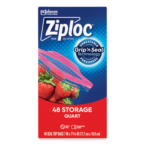 Image of Ziploc® 351317BX Double Zipper Storage Bags, Triple System Seal, Quart, 9.63" x 8.5", Clear, 48/Box