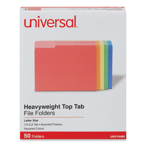 Image of Universal® Deluxe Heavyweight File Folders, 1/3-Cut Tabs: Assorted, Letter Size, 0.75" Expansion, Assorted Colors, 50/Box