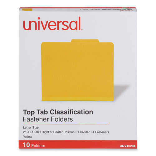 Image of Universal® Pressboard Classification Folders, 2/5-Cut Tab, Expands 2", 1 Divider, 4 Fasteners, Letter Size, Yellow, 10/Box