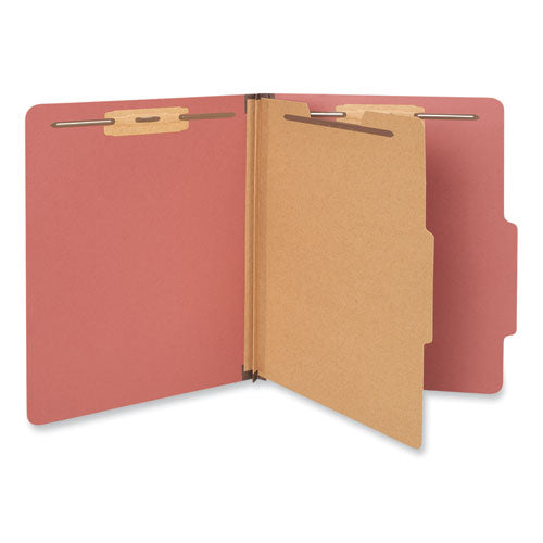 Image of Universal® Pressboard Classification Folders, 2/5-Cut Tab: Right of Center, Expands 2", 1 Divider, 4 Fasteners, Letter Size, Red, 10/Box