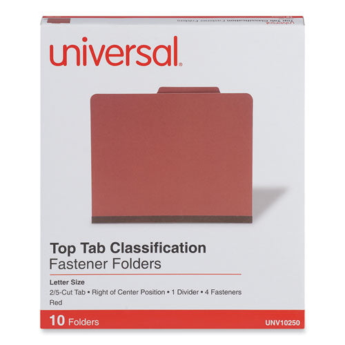 Image of Universal® Pressboard Classification Folders, 2/5-Cut Tab: Right of Center, Expands 2", 1 Divider, 4 Fasteners, Letter Size, Red, 10/Box