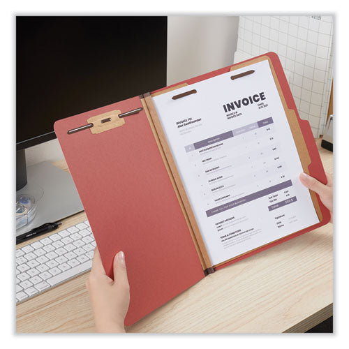 Image of Universal® Pressboard Classification Folders, 2/5-Cut Tab: Right of Center, Expands 2", 1 Divider, 4 Fasteners, Letter Size, Red, 10/Box